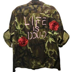 Authentic Woodland Camo Field Shirt/Jacket w/"Life is Gucci" Floral Back Design